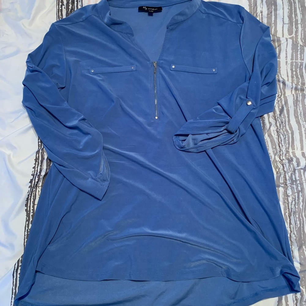 Blue shirt.